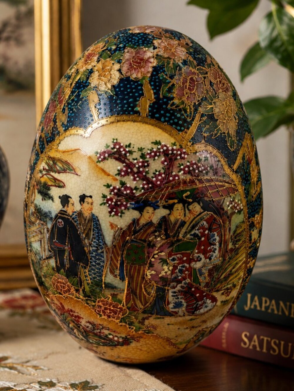 Vintage Royal Satsuma Hand Painted JAPANESE Moriage Egg Vase / Decorative Art